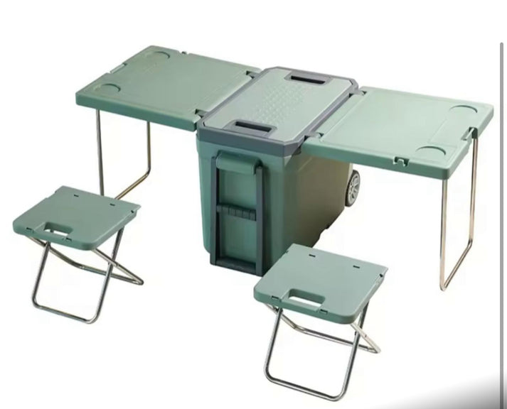 28L Convertible Cooler Box Folding Picnic Table & Chair Set with Wheels